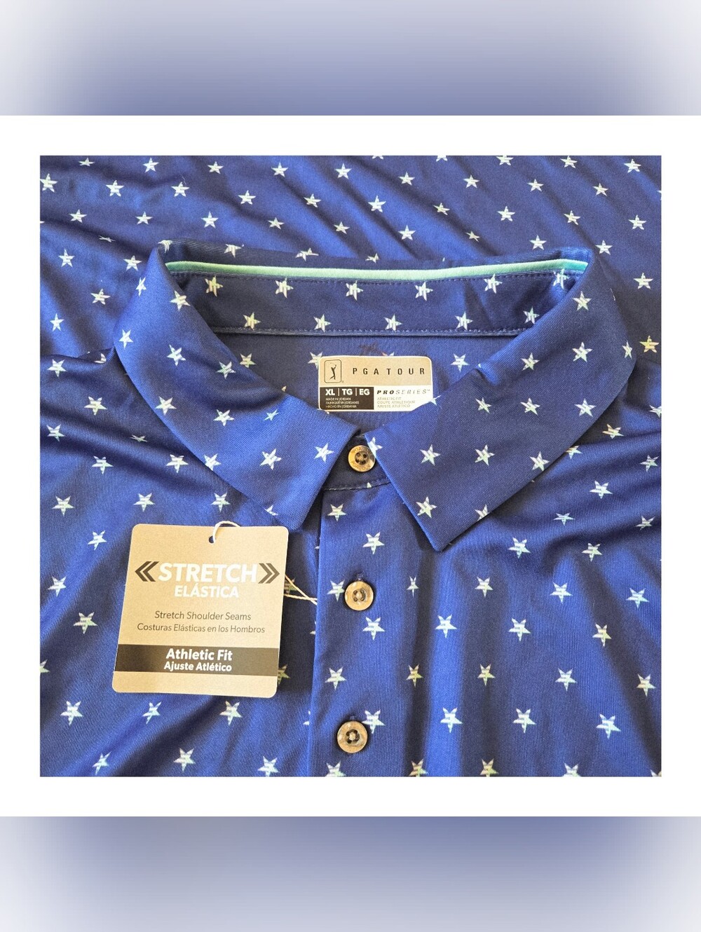 PGA TOUR Men's Athletic Fit Stars Printed Performance Golf Polo Shirt Blue XL - Picture 6 of 9